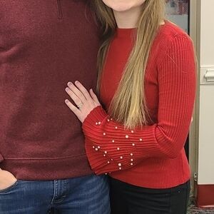 Avec Red Bell Pearl Sleeve Ribbed Sweater